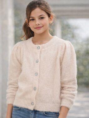 Girls Aqua Fuzzy Knit Cardigan – Off-White / Ivory